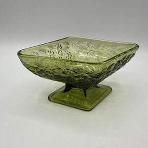 Vintage Indiana Glass Green Daisy Diamond Pedestal Candy Dish 1960s Mid Century